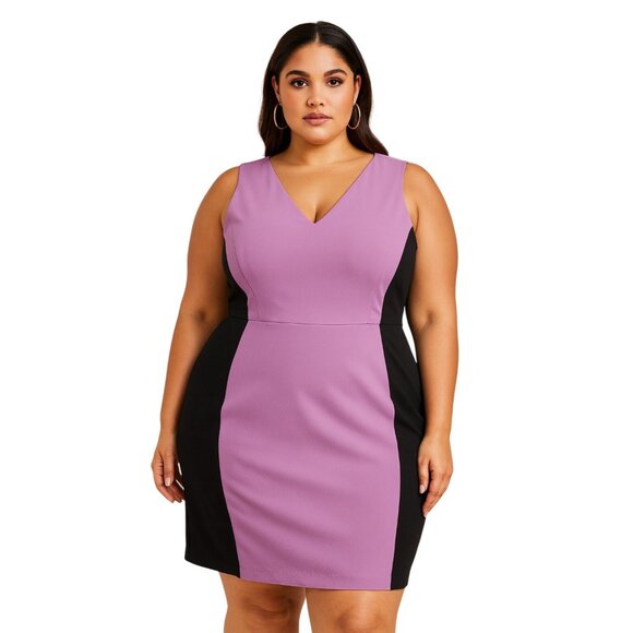 New York & Company V-Neck Stretch Dress Size 18 Purple & Black Slimming Illusion - Picture 1 of 9